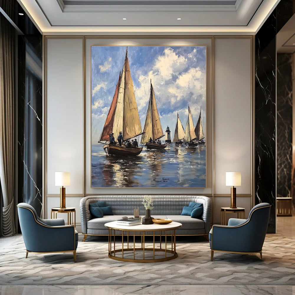Abstract painting depicting sailboats on water under a light blue sky with clouds inspired by 20th-century French artists.STSC1134
