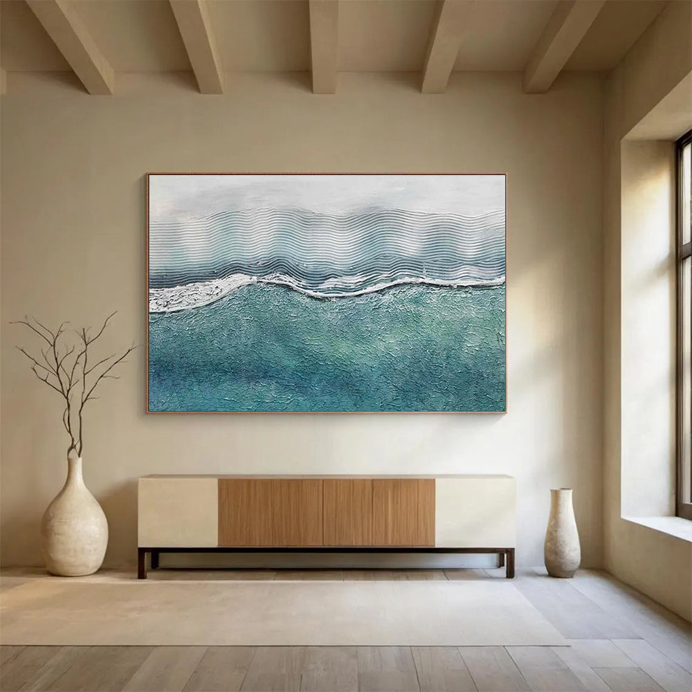 Wavy Sea Texture Abstract Painting with Blue and White Tones THY278