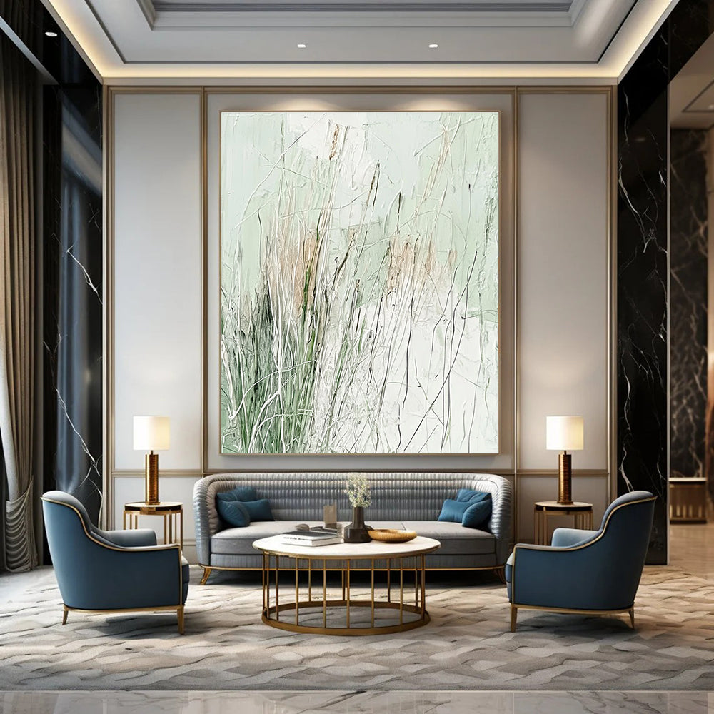 Abstract painting featuring light green and white, layered with delicate lines and wild grasses for a serene nature-inspired aesthetic.STSC939