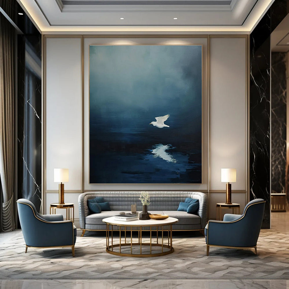 Seagull Reflection Abstract Painting with Deep Blues ADGE478
