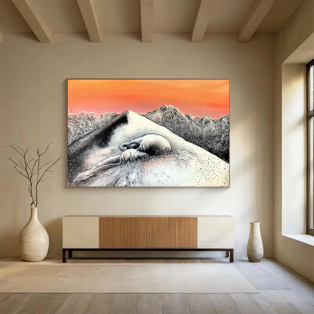 An abstract painting featuring a black and white figure on an icy mountain at sunset with another frozen figure in front.SC569