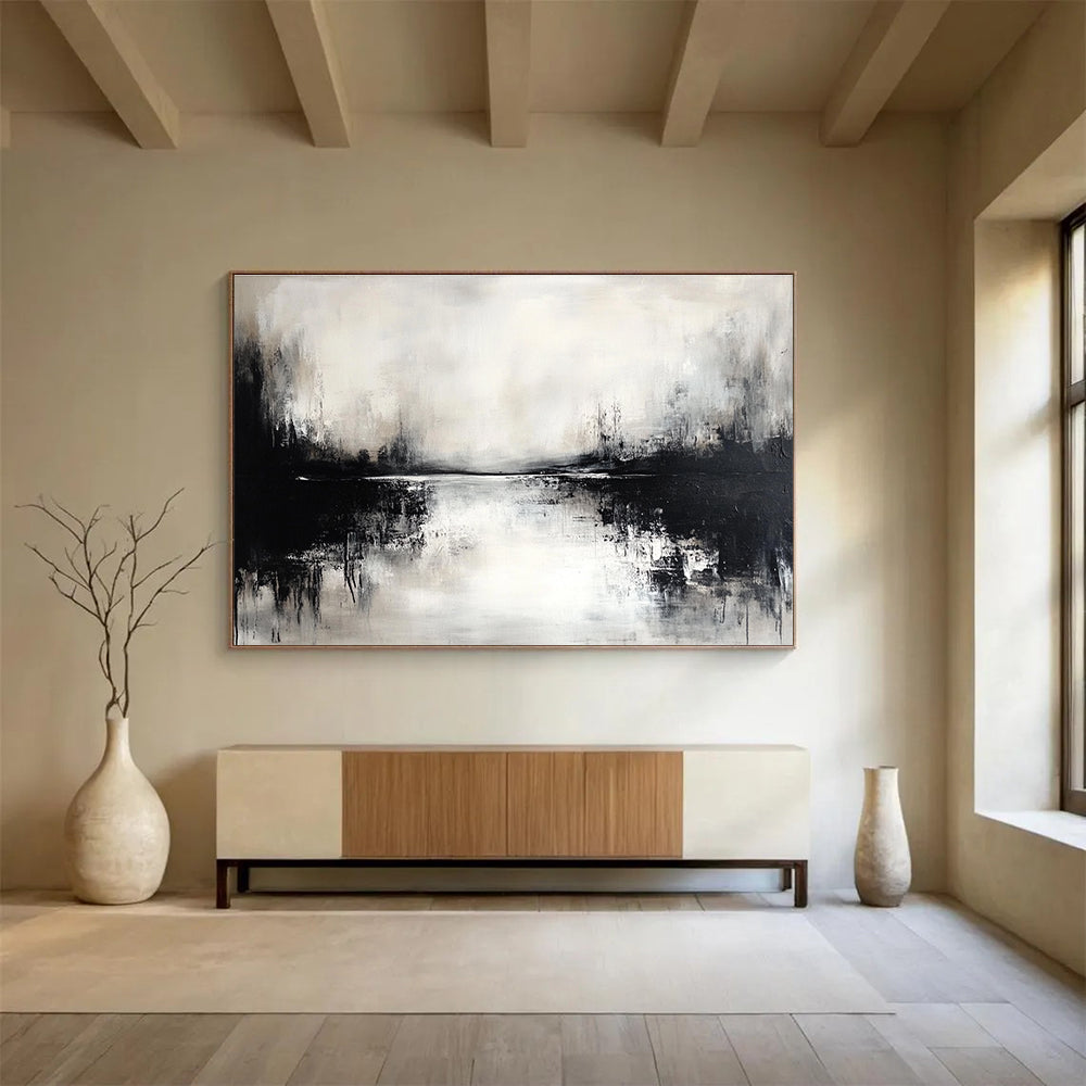 Black and White Lake Abstract Painting with Reflection Effects DYP173