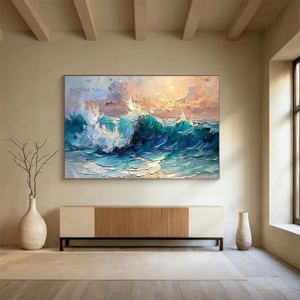 Dynamic Sea Wave Abstract Painting with Turquoise and White Crescendos THY296