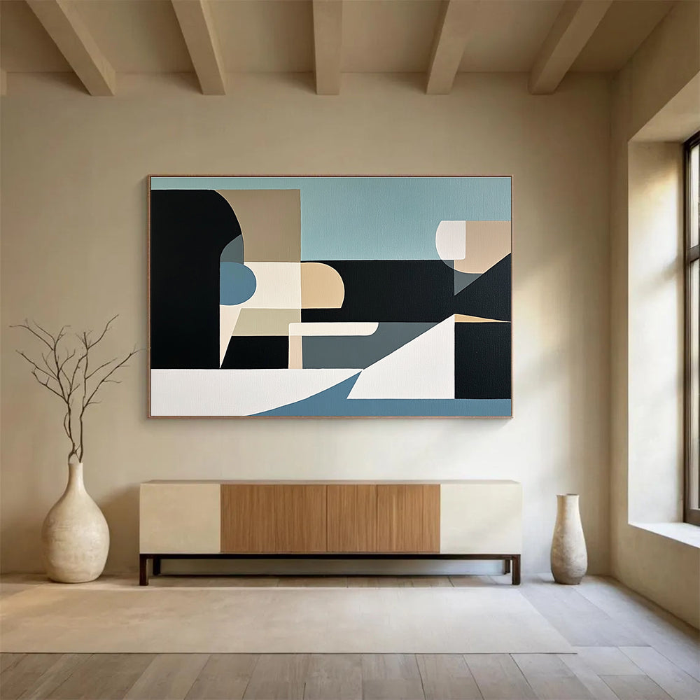 An abstract painting featuring geometric shapes and organic forms in muted tones of light blue black grey beige and white.SC512