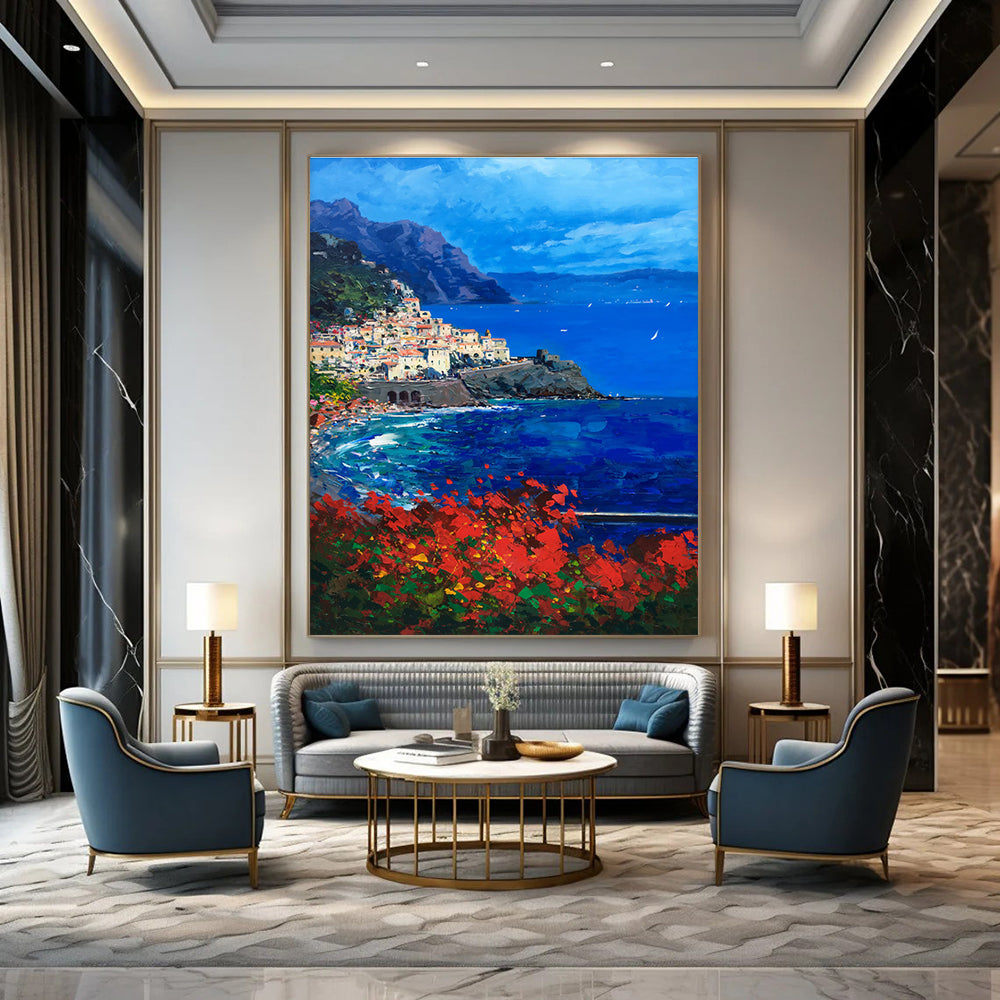 Coastal Village Abstract Painting with Blue and Red Tones ADGE533