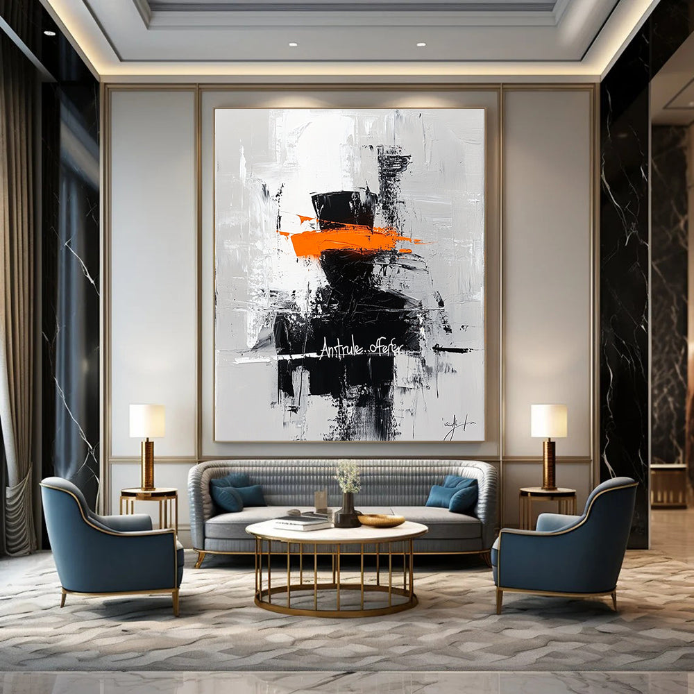 Bold abstract painting featuring a silhouette in an orange top hat with Ant rule.offer graffiti on a contrasting gray brushstroke background.STSC227