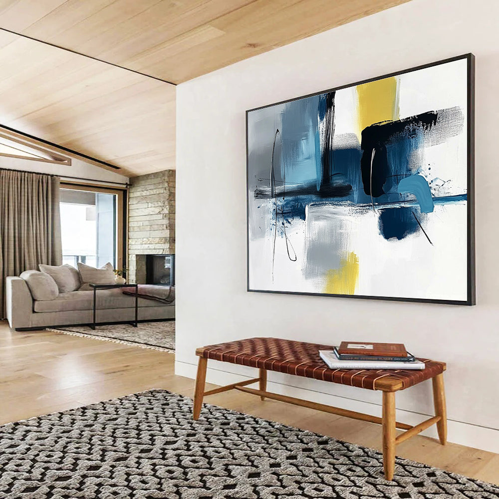 Blue Grey and Yellow Abstract Painting with Dynamic Brushstrokes DYP194
