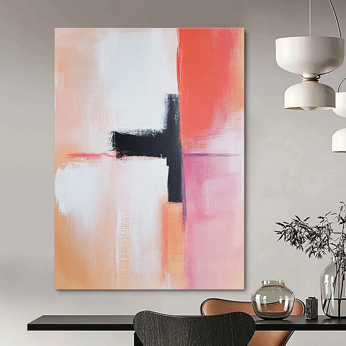 Large abstract painting featuring light pink peach and white tones with a dark red accent oil on canvas in the style of Henri Matisse.STSC819