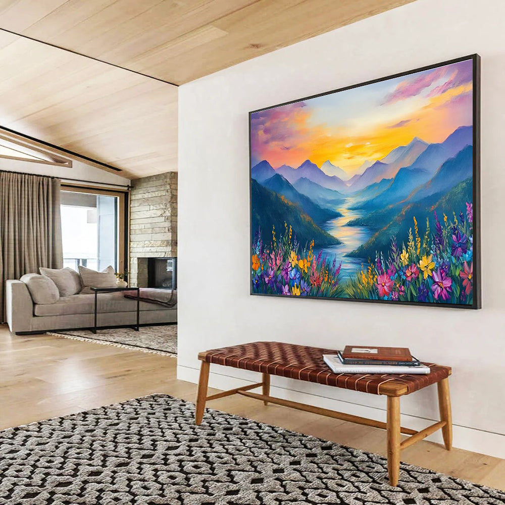 Sunset Mountain Valley Abstract Painting with Dramatic, Colorful Hues THY414