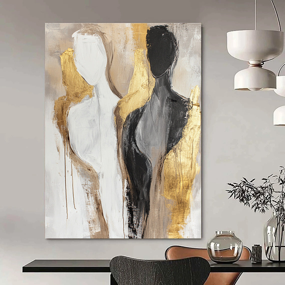 Large abstract painting featuring neutral tones and gold accents with female bodies in a minimalistic design and soft brush strokes.STSC441
