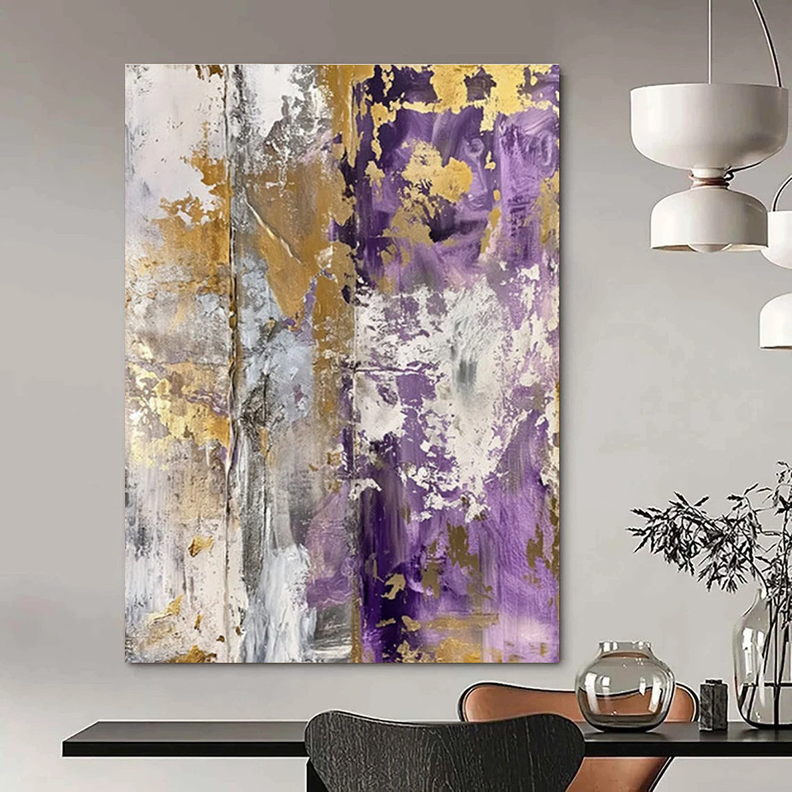 Purple and Gold Textured Abstract Painting with Gray Accents ADGE134
