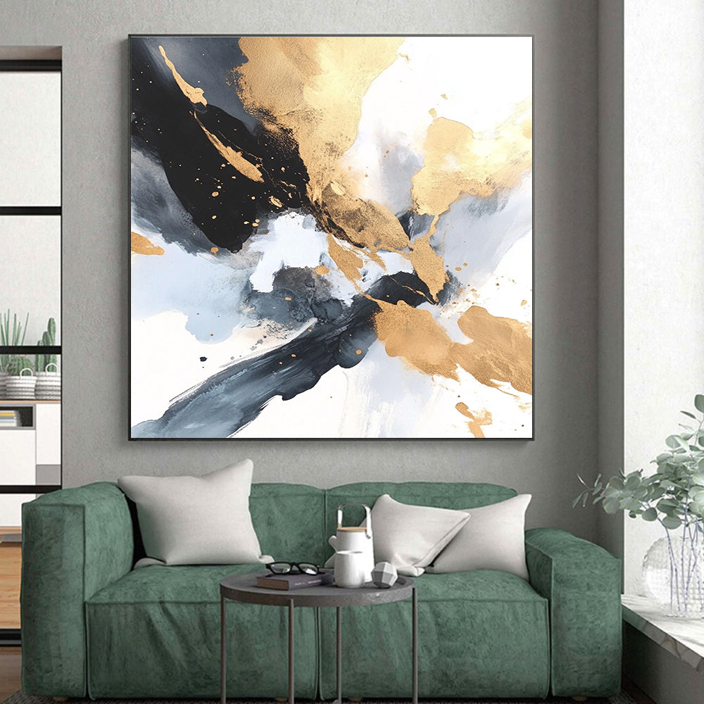 Gold Black Abstract Painting with Elegant Splashes GER736