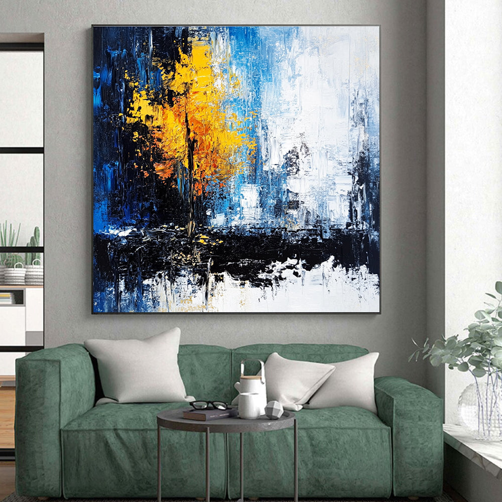 Blue and Yellow Abstract Painting with a Symbolic Tree GER398