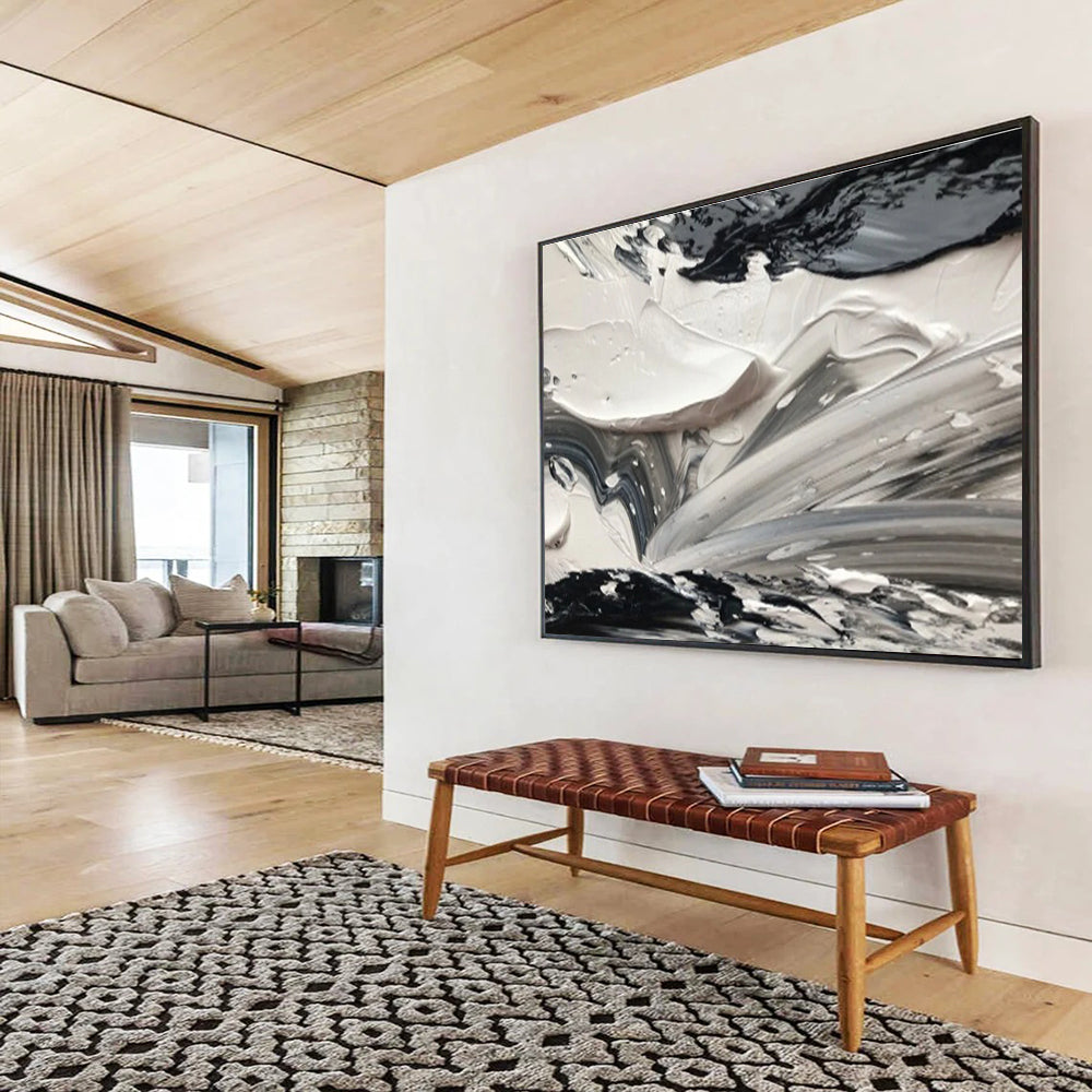 Monochrome Texture Abstract Painting with Black and White Swirls THY314