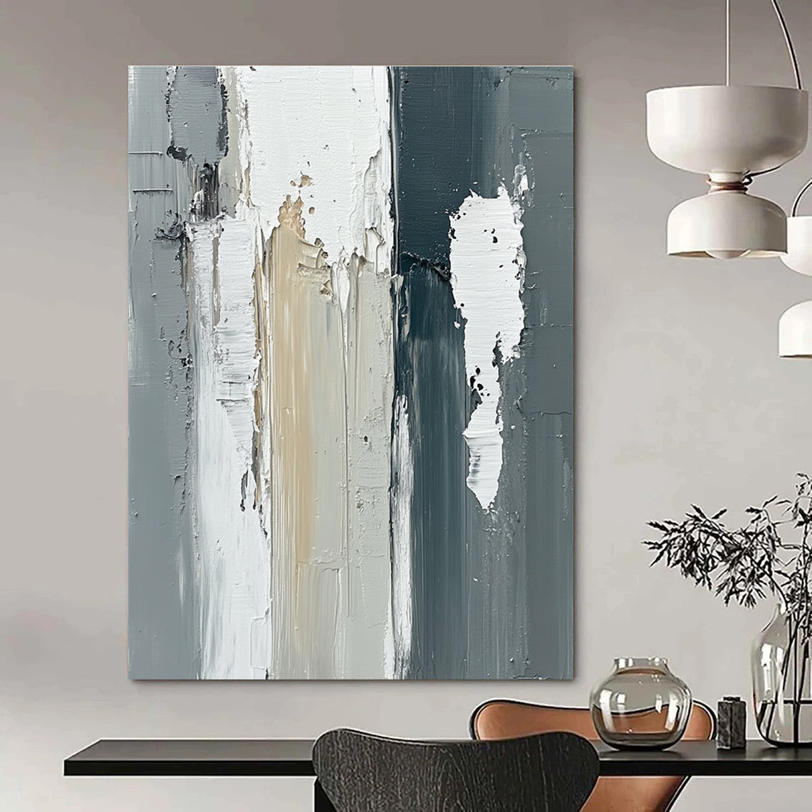 Large abstract oil painting featuring vertical gray and white wooden beams with thick strokes in a neutral monochromatic palette.STSC579