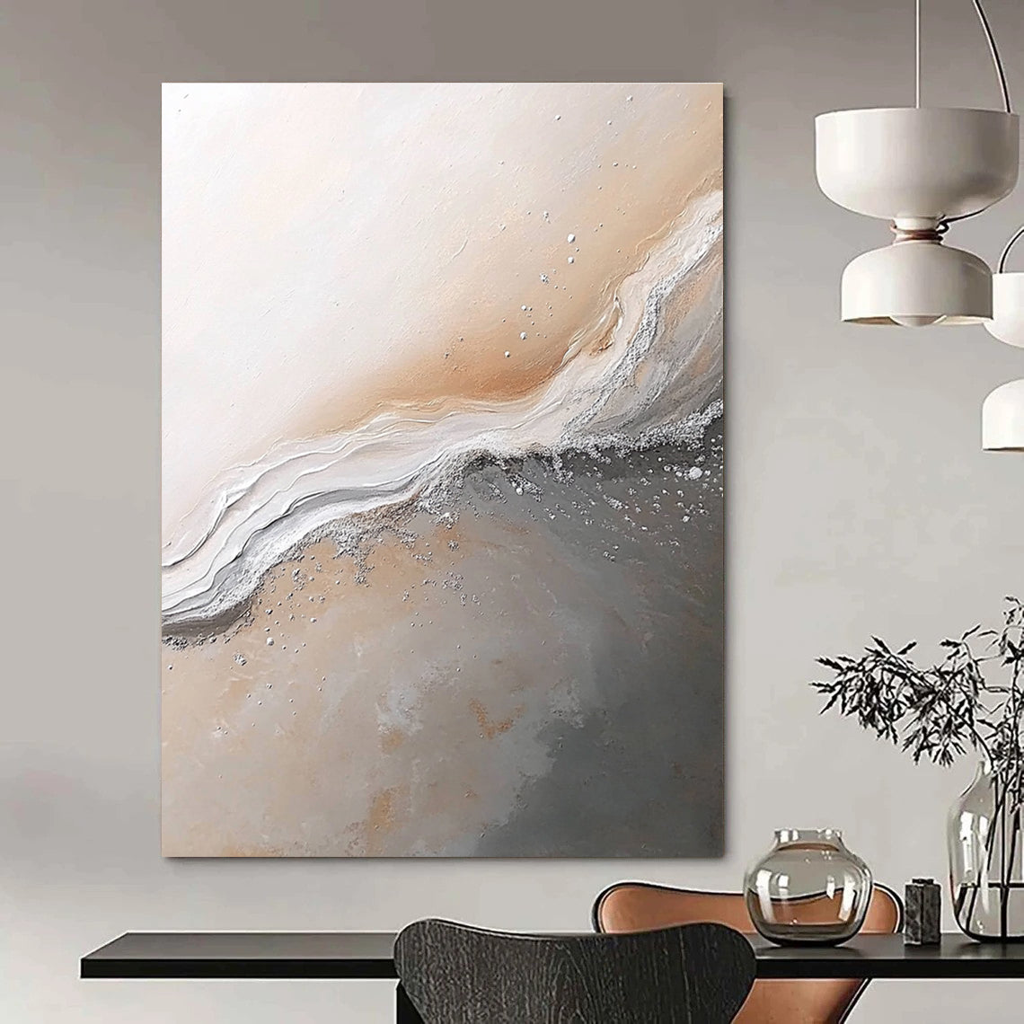 Large abstract painting of Jupiter's surface in gray beige and white with silver details evoking a calm serene atmosphere.STSC014