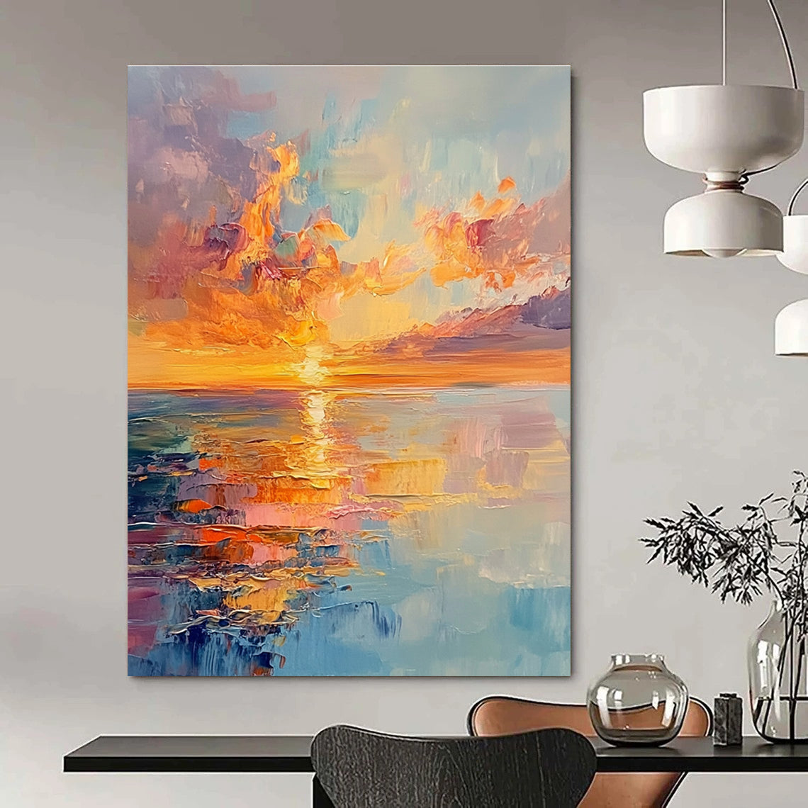 Large abstract painting capturing vibrant sunset colors with reflections on the sea and a distant horizon in an expressive style.STSC893