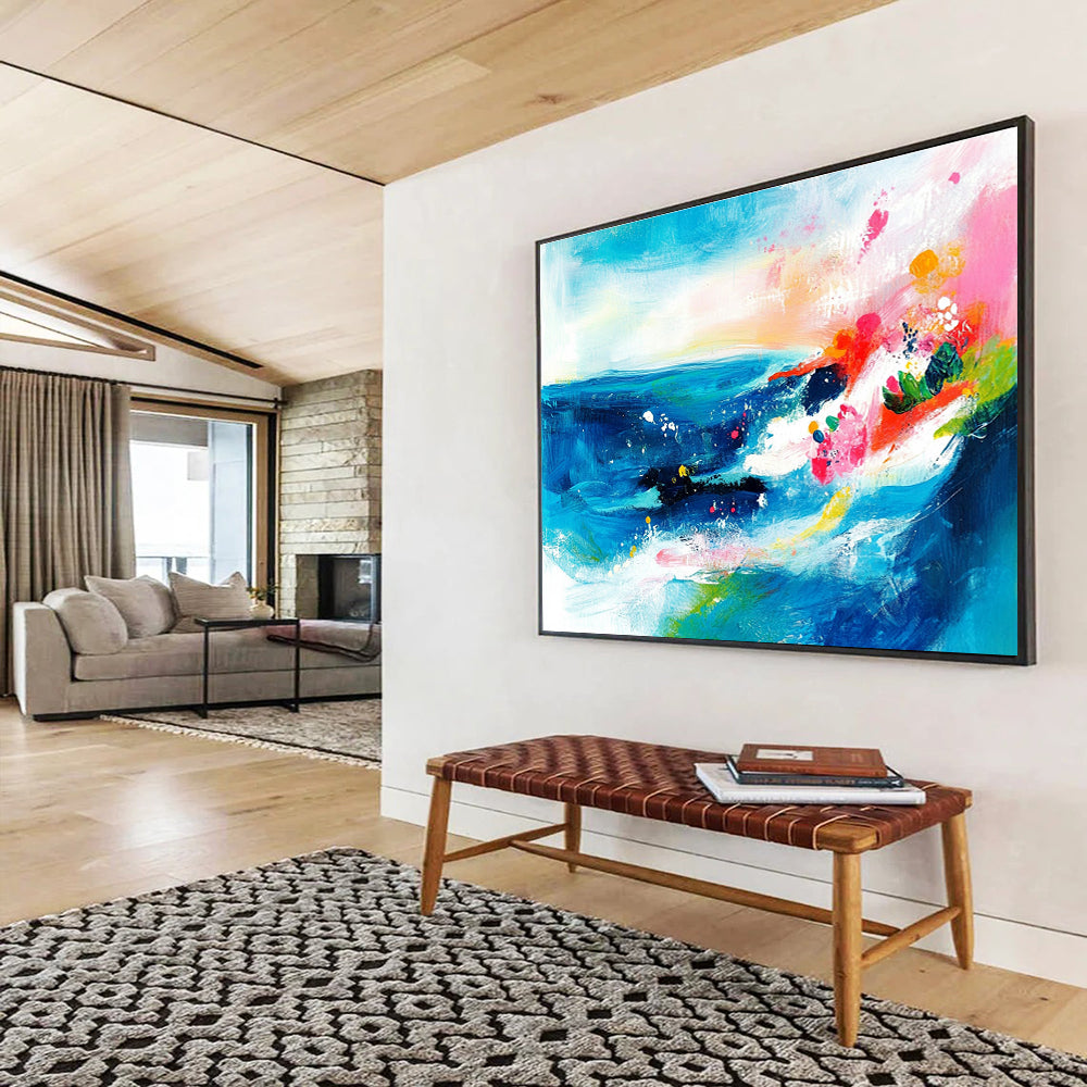 Colorful Sea Abstract Painting with Blue and Pink Hues DYP521