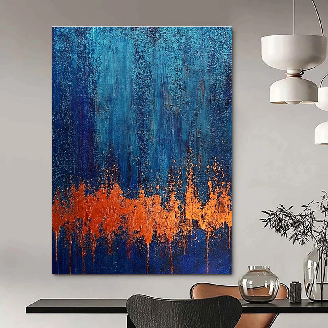 Large abstract painting on textured canvas showcasing rust and blue tones evoking a twilight forest with a copper bark-like foreground.STSC720