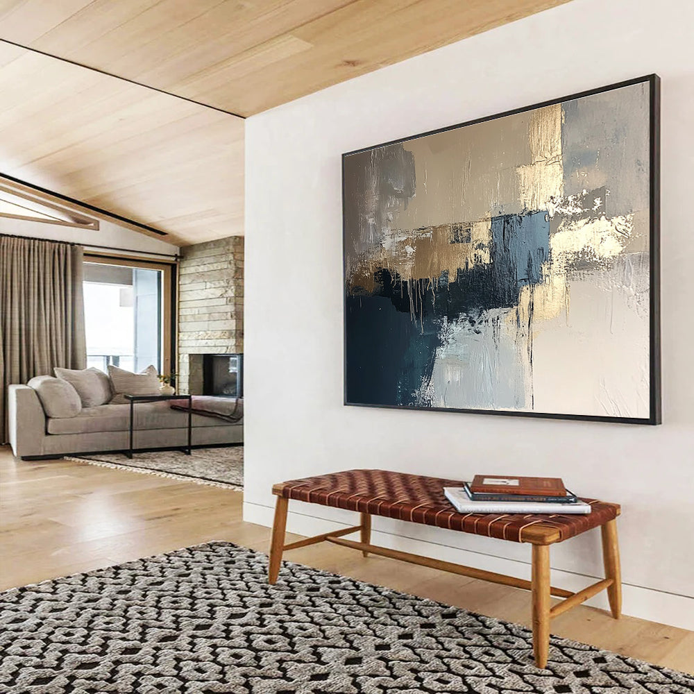 Gold and Blue Abstract Painting with Dripping Textures DYP385