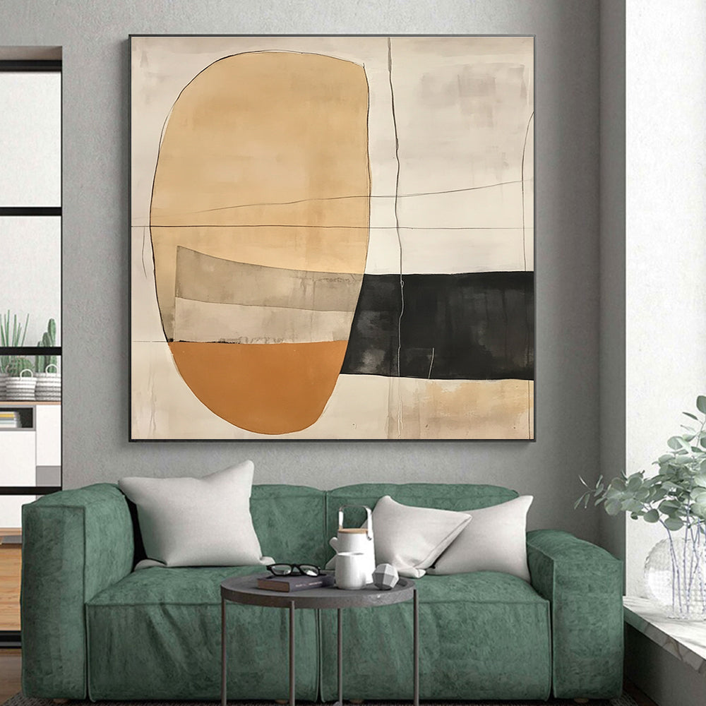 Earth - Toned Geometric Abstract Painting with Delicate Lines GER226
