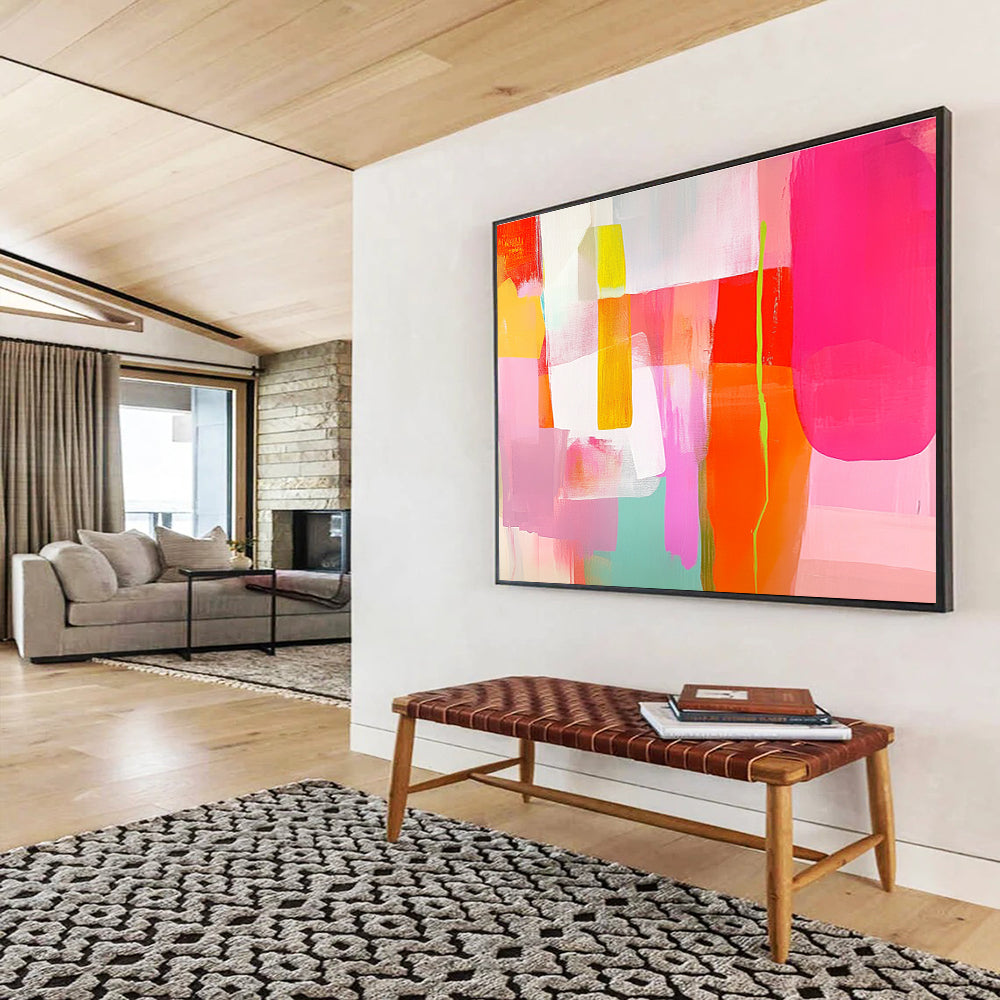 Colorful Geometric Abstract Painting with Pink Yellow and Green DYP415