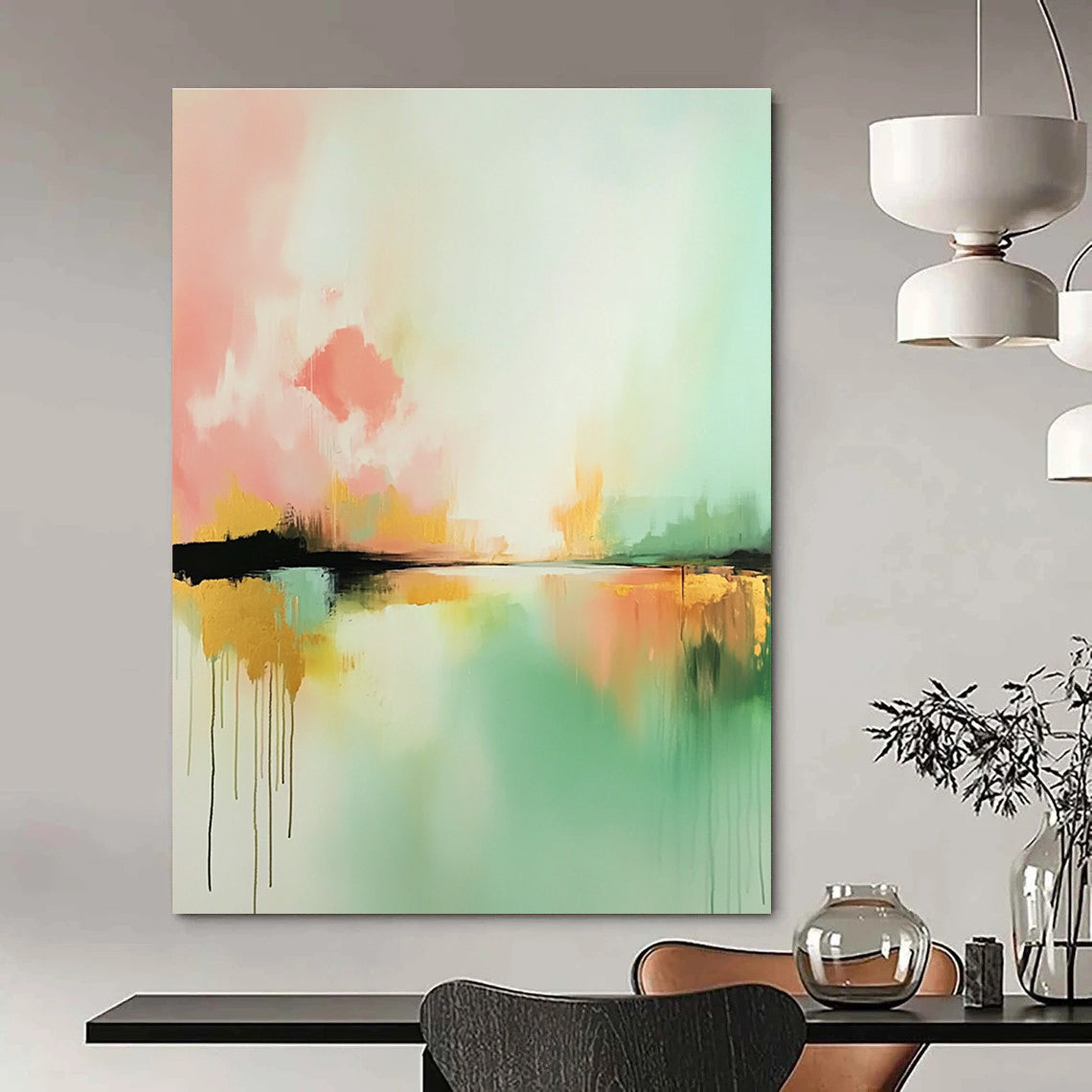 Large abstract painting inspired by Claude Monet featuring light pink mint green and gold hues with expressive brush strokes and a serene water foreground.STSC086