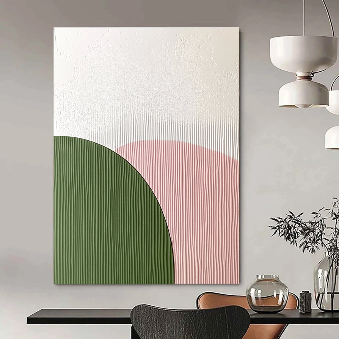 Abstract art featuring an arch-shaped wall decoration with a smooth white top and green textured paper bottom in soft pink pastel colors.STSC935