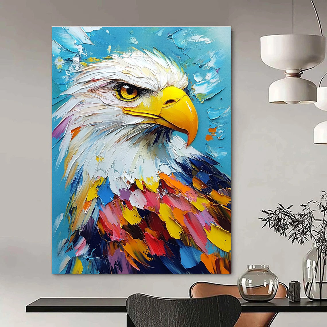 Large abstract painting featuring a colorful bald eagle portrait on a vibrant blue background, created with impasto oil techniques on canvas.STSC1285