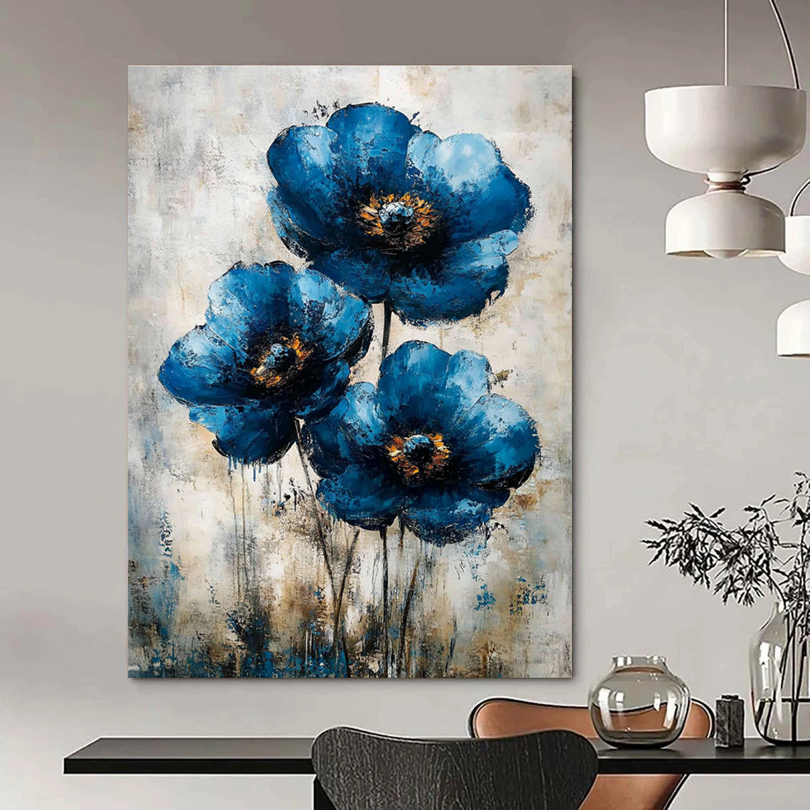 Abstract Blue Flower Painting features vintage flowers art on canvas perfect for enhancing your wall decor and creating a serene atmosphere.STSC040
