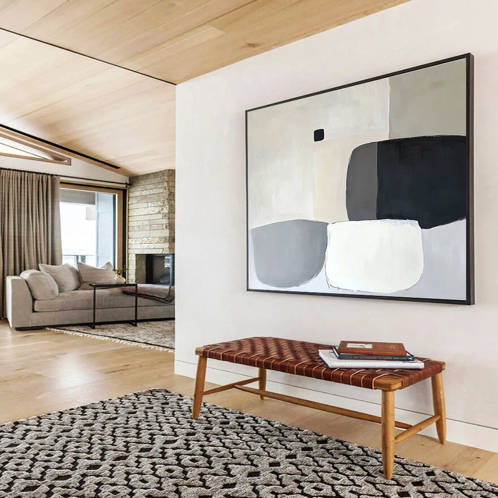 Geometric Shapes in Neutrals Abstract Painting with Gray Black and White Tones DYP586