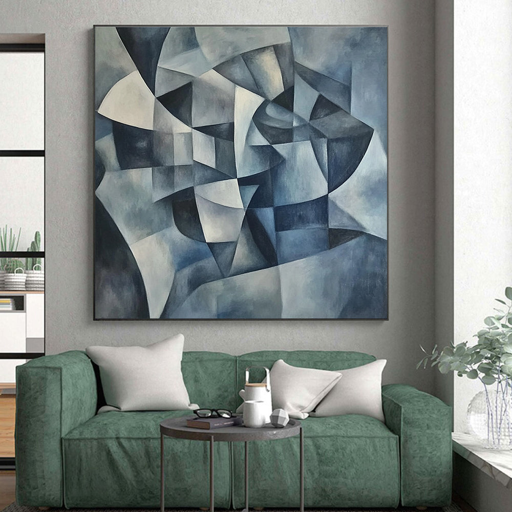 Blue Geometric Abstract Painting with Cubist Influences GER591