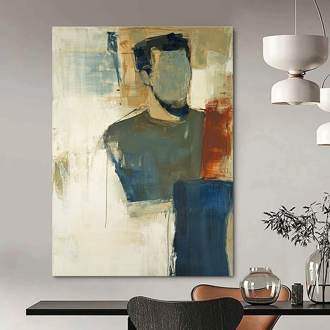 A large abstract painting in earth tones and soft blue with thick impasto strokes and blurred edges showcasing tonalism.STSC624
