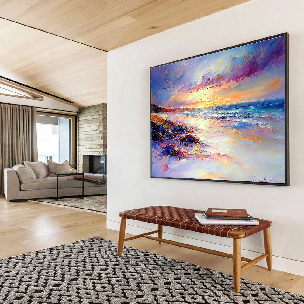 A large abstract painting portraying a tranquil beach sunset with vibrant colors soft lighting and rich details capturing the essence of Impressionism.SC522