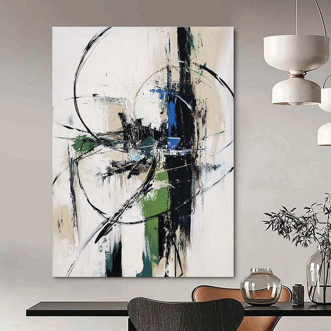 Large abstract painting in white gray and blue tones with a futuristic machine in an urban landscape conveying movement and speed.STSC827