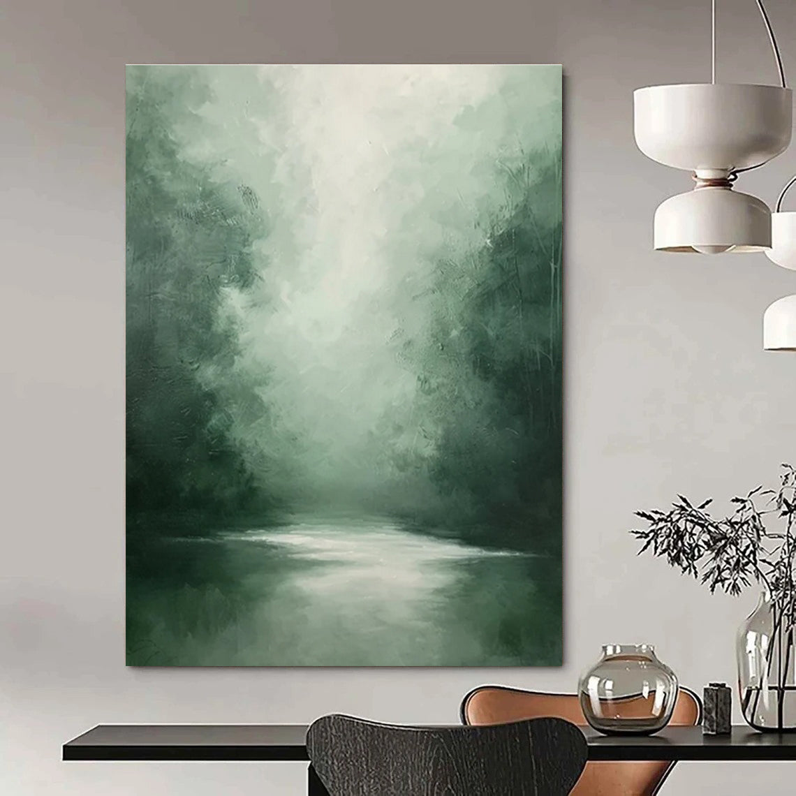Green Misty Forest River Abstract Painting ADGE024