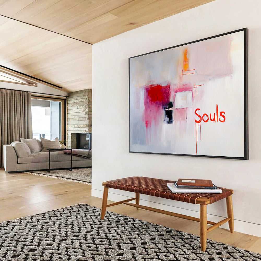 Pink and Red Abstract “Souls” Painting with Evocative Text DYP298