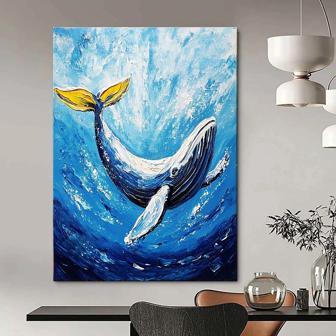 A large abstract painting featuring a majestic whale gliding through deep blue waters in vibrant acrylic colors.STSC1052