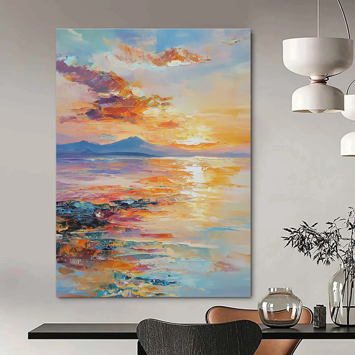 Large abstract painting of an ocean sunset with warm hues reflecting on water showcasing tranquility and nature's beauty in a dreamy atmosphere.STSC865