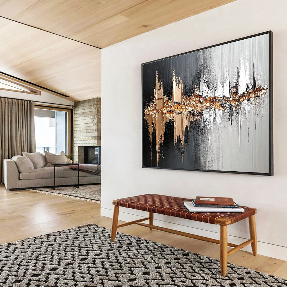 Black Gray Gold Abstract Painting with Textured Gold Accents DYP303