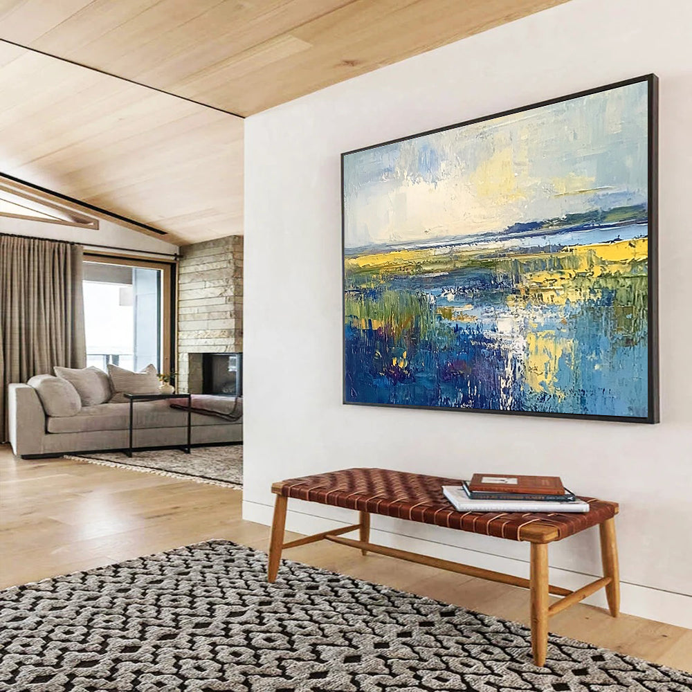 Large abstract landscape painting of the North Sea featuring blue green and yellow hues with an overcast sky on oil-painted canvas.SC072