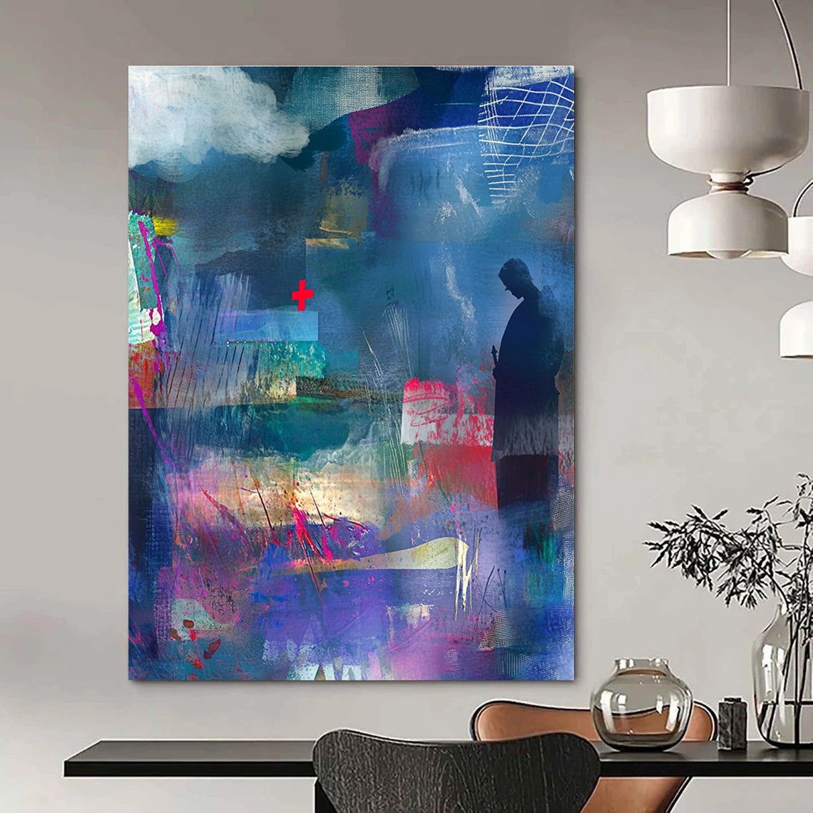 Large abstract collage with watercolor splashes and textured paper featuring a shadowy figure a red cross and vibrant ribbons in rich colors.STSC574
