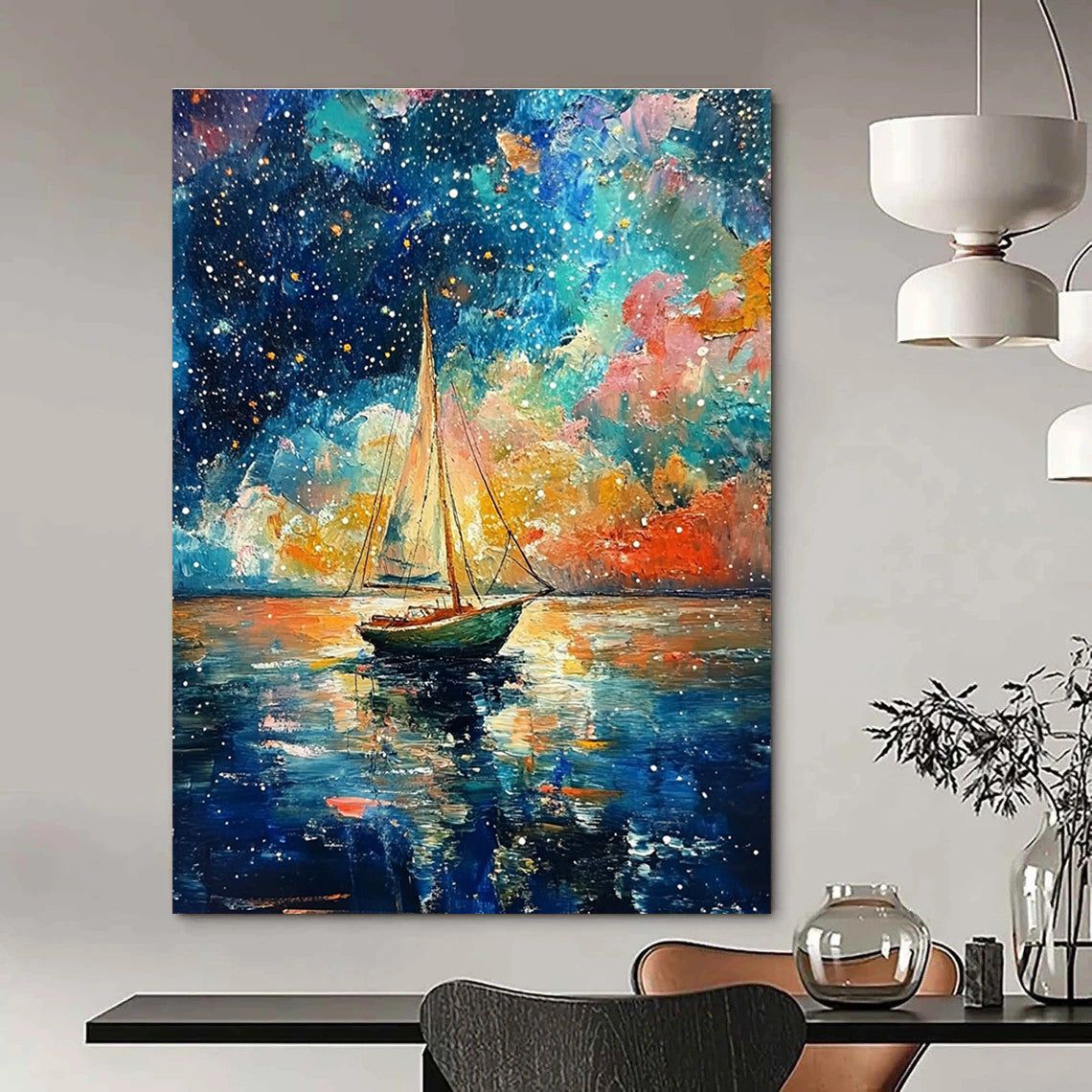 A large abstract painting featuring a small sailboat amidst vibrant colors and dreamy sky reflections in the style of Van Gogh.STSC1199