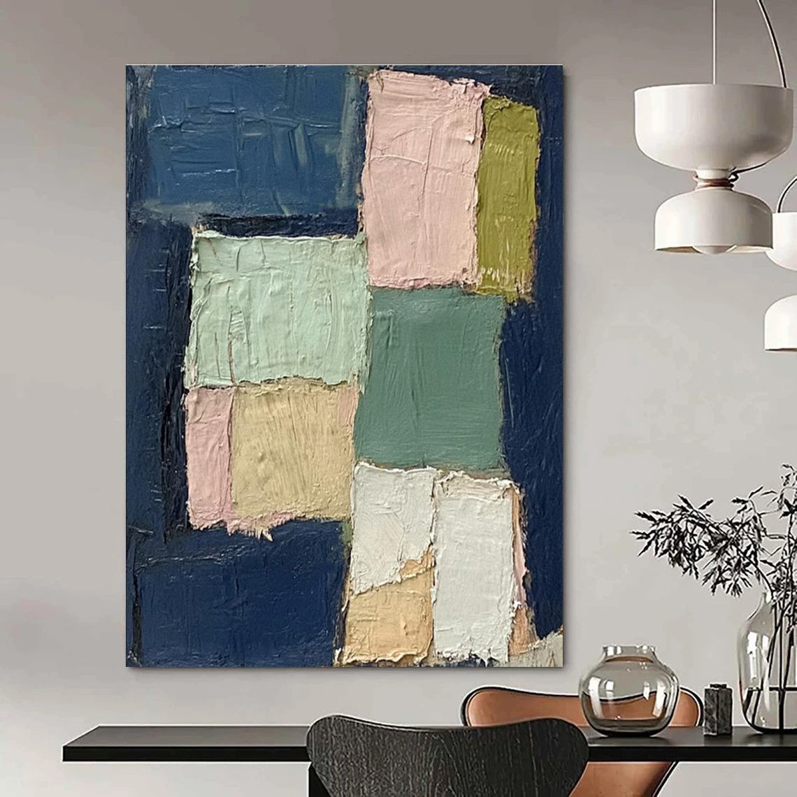 Blue Pink Green Beige Patchwork Abstract Painting ADGE013