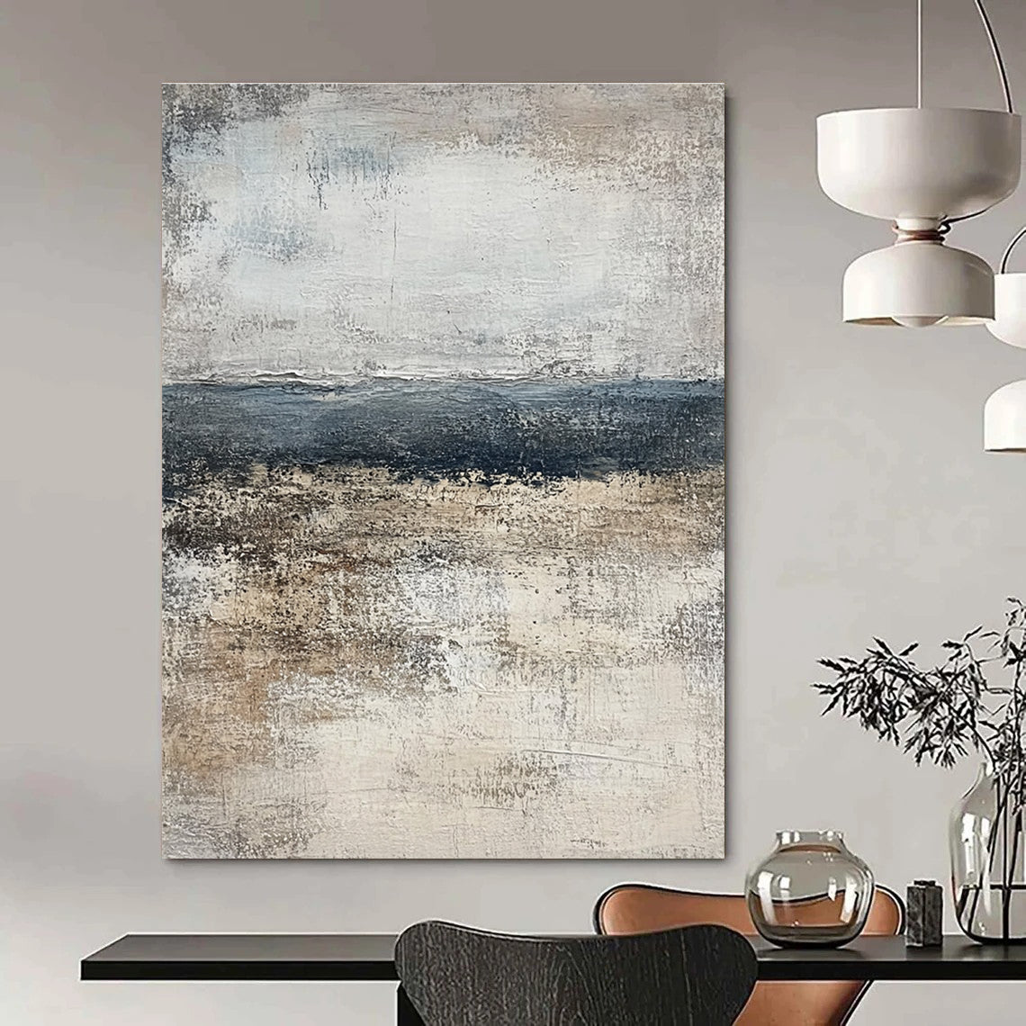 Large abstract painting of the ocean in muted gray and beige tones, featuring a calming neutral color palette that enhances any space.STSC491