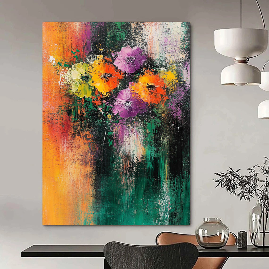 Large abstract painting featuring flowers with vibrant orange green yellow purple and teal colors textured background and emotional brush strokes.STSC307