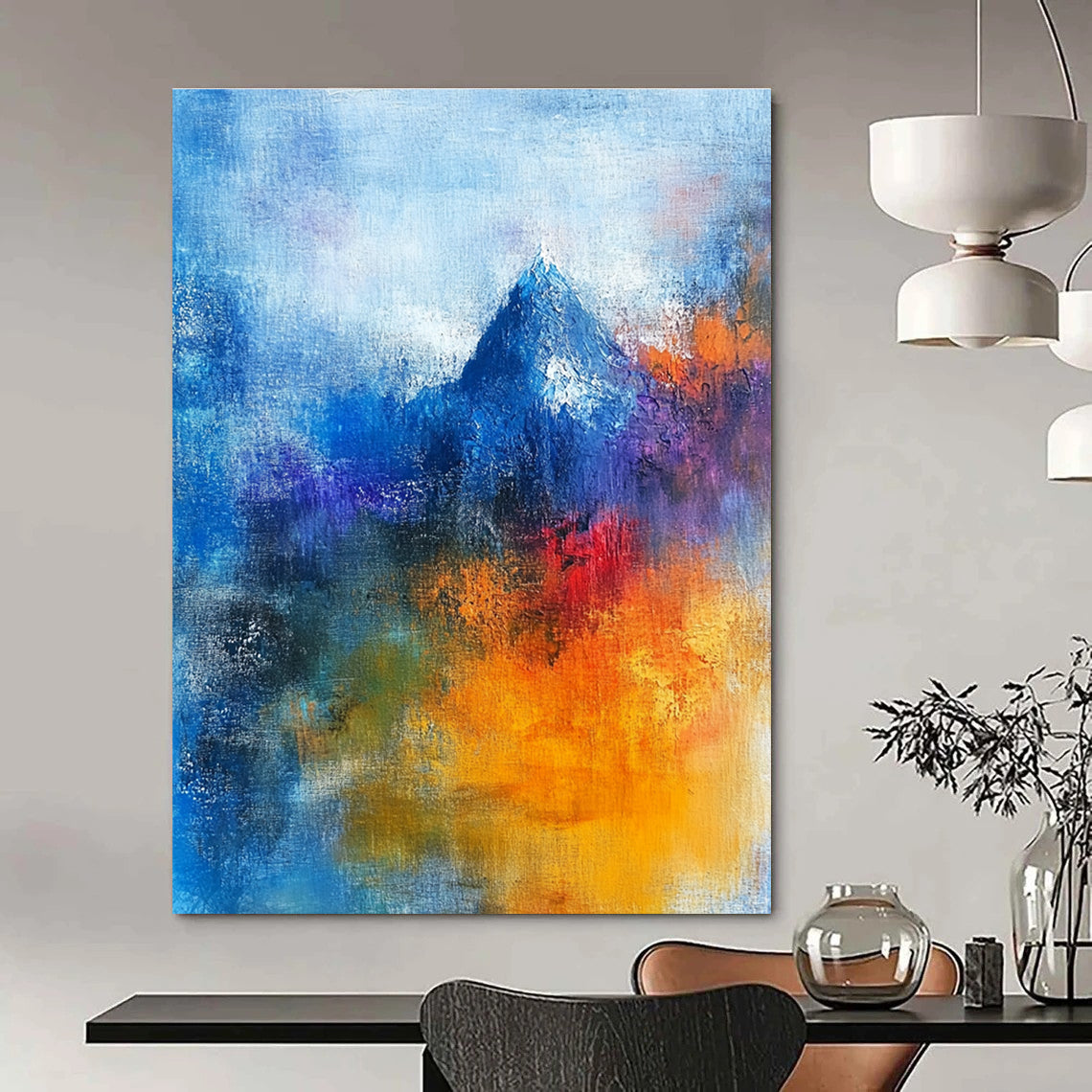 Abstract painting featuring a sacred mountain with vibrant blue and orange hues, human figures in prayer, and a blurred Christ figure, conveying deep spiritual themes.STSC249