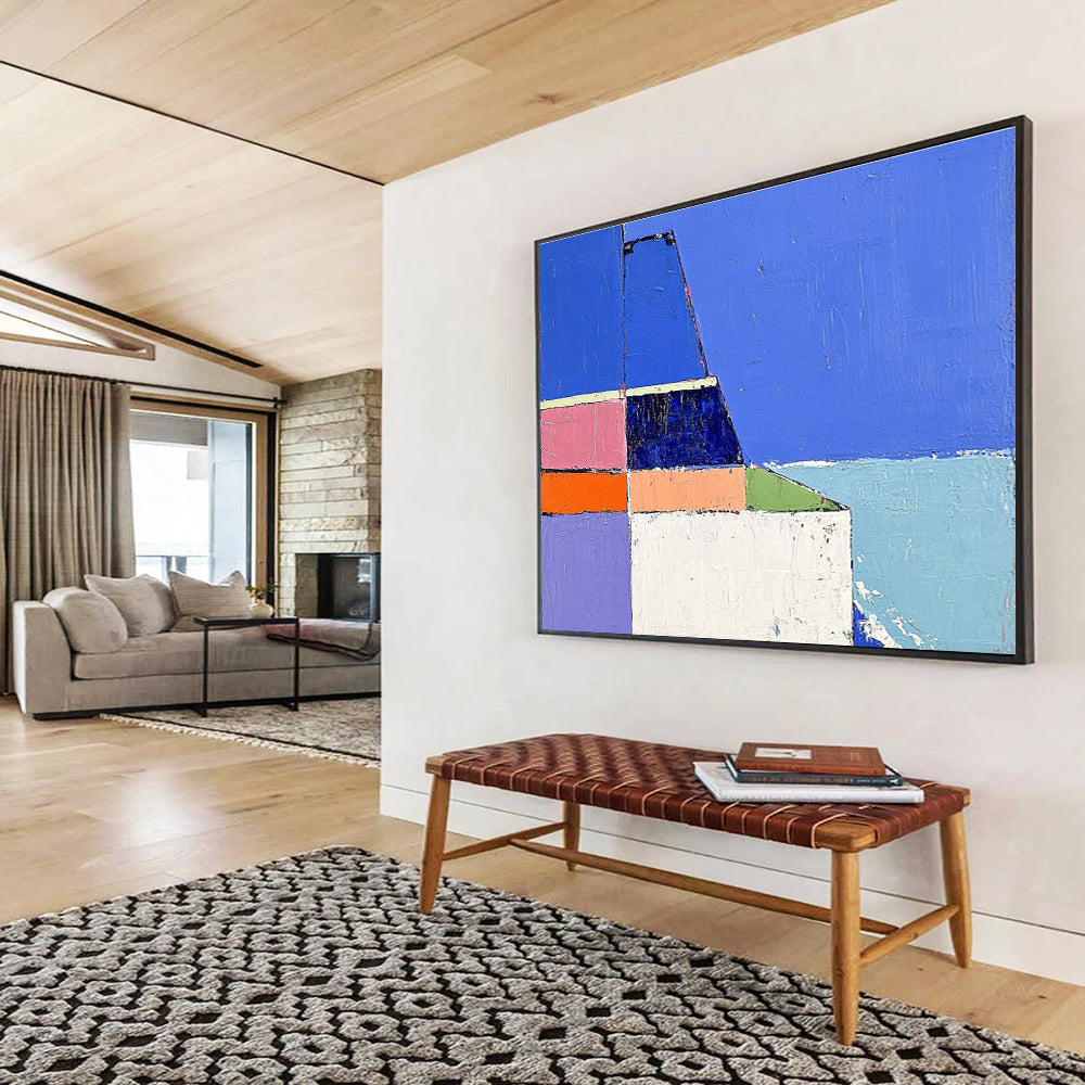 Colorful Geometric Seaside Abstract Painting with Blue and Pastel Tones DYP310