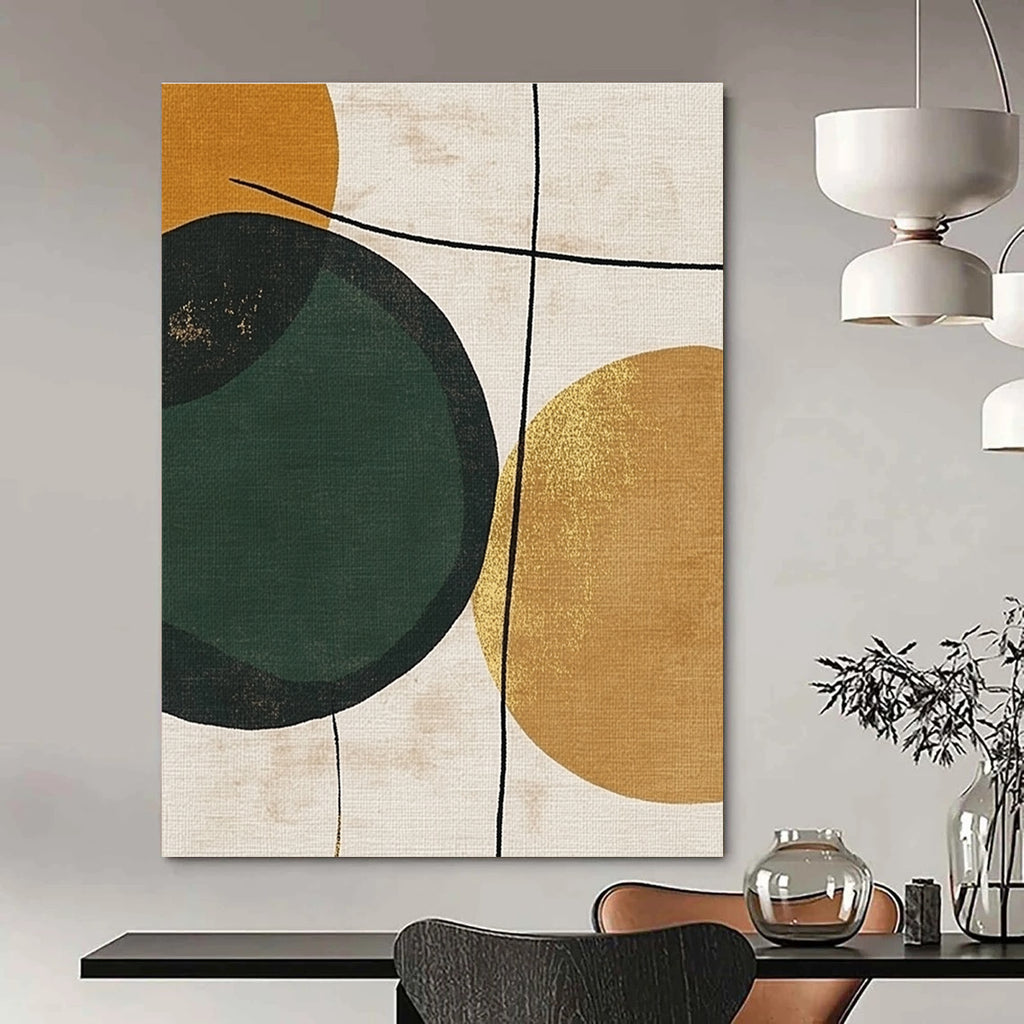 Large abstract painting featuring a green circle on a beige background with gold lines brown circles and minimalist black line drawings in organic forms.STSC467