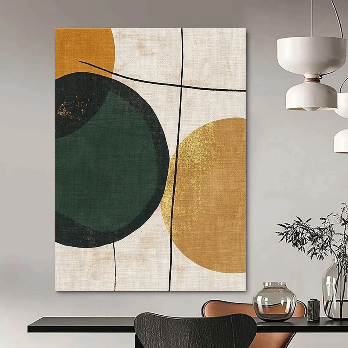 Large abstract painting featuring a green circle on a beige background with gold lines brown circles and minimalist black line drawings in organic forms.STSC467